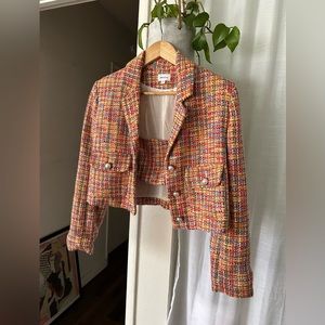 Song of Style Pink Orange Tweed Crop Pearl Button Blazer Bralette 2Pc Set XS